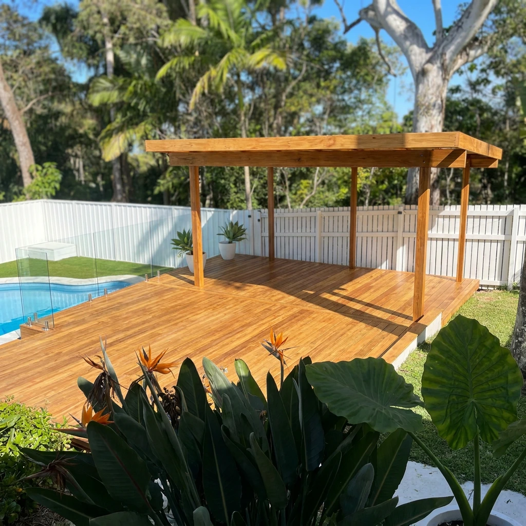 Raised timber deck beside a Sunshine Coast home built by BCM Builders