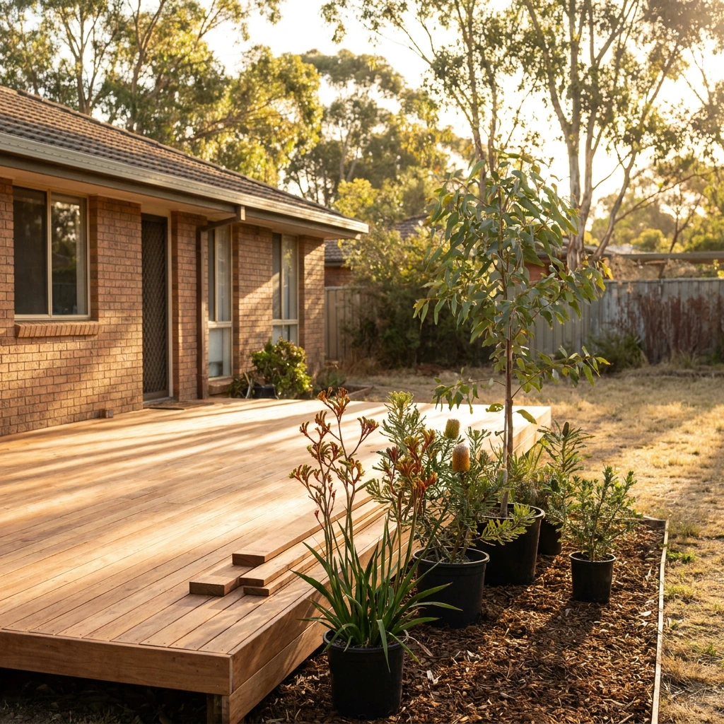 Timber decking boards laid over a completed deck frame in a Sunshine Coast backyard
