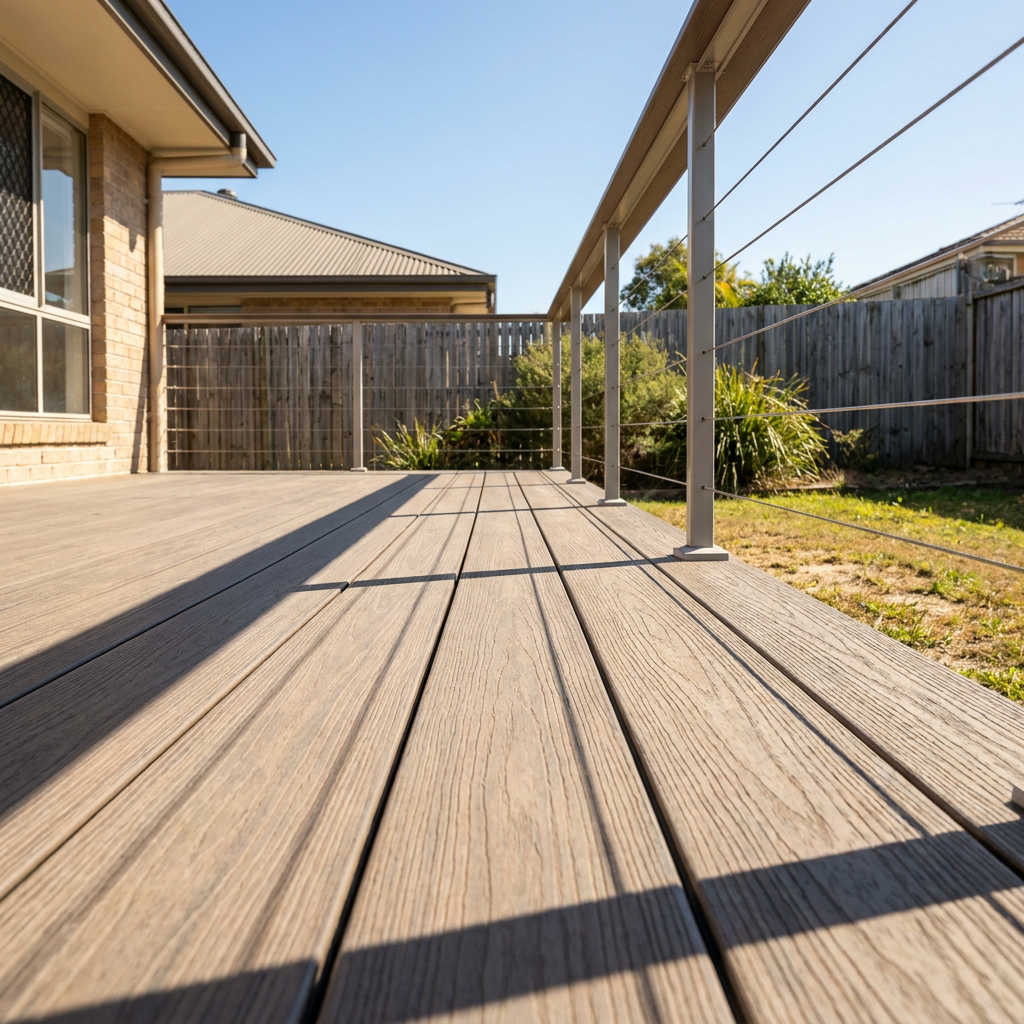 Composite deck with wire balustrade built by BCM Builders deck builders on the Sunshine Coast